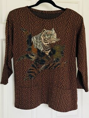 VTG 90s Tiger Breaking Through Knit Tunic Top Brown Grunge Whimsigoth Indie M
